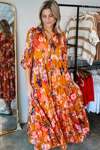 Orange Abstract Print Pleated Half Sleeve Buttoned Maxi Dress | Dresses/Maxi Dresses