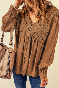 Brown Lace Crochet Buttoned V Neck Babydoll Top | Tops/Blouses & Shirts