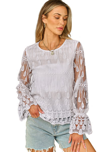 Mesh Blouse | Beige Embroidered Flounce Sleeve Top