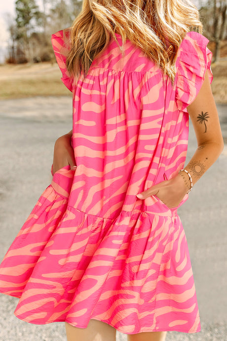 Pink Zebra Stripe Printed Ruffle Trim Pocketed Dress | Dresses/Mini Dresses