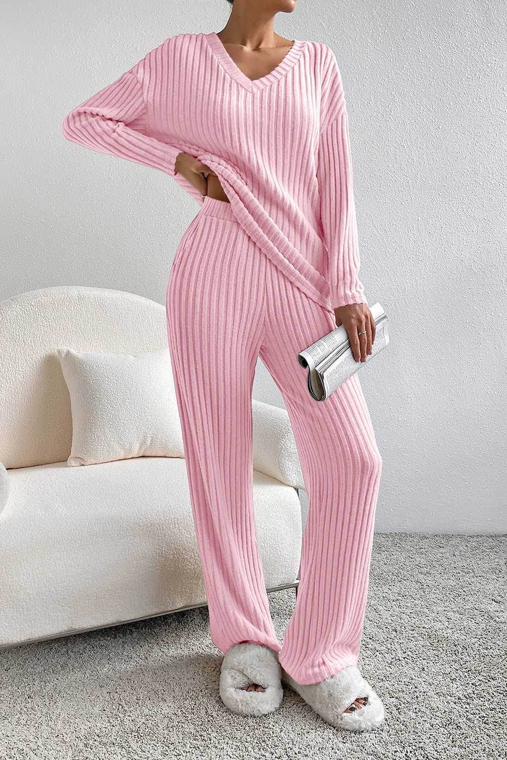 Two Piece Activewear Set | Pink Knit V Neck Slouchy Pants Set