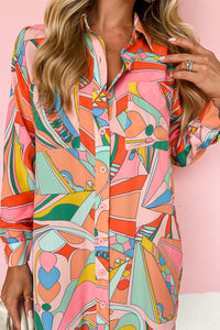 Long Sleeve Shirt Dress | Multi-Color Geometric Abstract Print