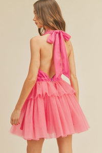 Strawberry Pink Gauze Ruffle Tiered Knotted Halter Dress | Dresses/Mini Dresses