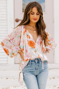 Womens Blouse | Multicolor Abstract Print Split Neck Puff Sleeve Blouse | Tops/Blouses & Shirts