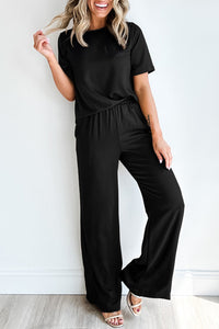 Wide Leg Pants Set | Black Solid Color T Shirt 2 Piece Set