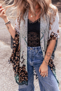 Bohemian Kimono | Green Floral Print Irregular Hem Kimono