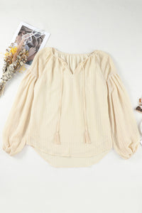 Drawstring Blouse | Apricot Lantern Sleeve Stripe Tassel