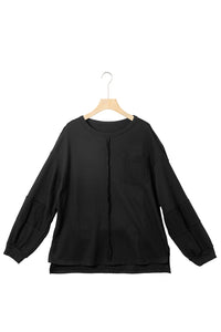 Black Exposed Seam Patchwork Bubble Sleeve Waffle Knit Top | Tops/Long Sleeve Tops