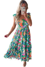 Load image into Gallery viewer, Green Floral Print Sleeveless Ruffle Tiered Maxi Dress | Dresses/Floral Dresses
