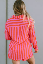 Load image into Gallery viewer, Shorts Set | Orange Striped Print Collared Neck Shirt
