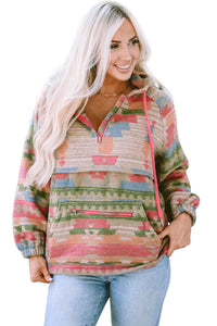 Multicolor Aztec Printed Kangaroo Pocket Zipped Hoodie | Tops/Sweatshirts & Hoodies