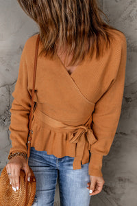 Brown Rib Knit Surplice Neck Belted Peplum Sweater | Tops/Sweaters & Cardigans