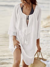 Load image into Gallery viewer, Beach Cover Up | White Lace Detail Tie Neck Cover Up
