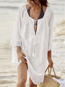 Beach Cover Up | White Lace Detail Tie Neck Cover Up