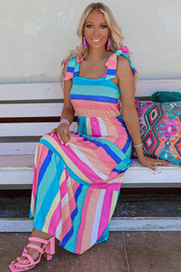 Maxi Dress | Multi-Color Striped Bow Knot Straps Dress