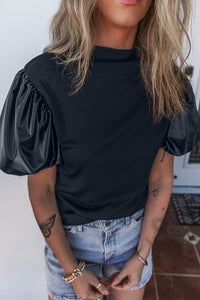 Puff Sleeve Top | Black Faux Leather Sleeve Mock Neck Top