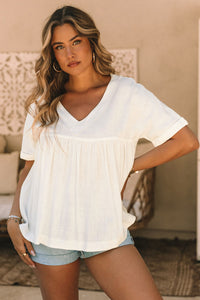 White Frayed V Neck Ruffled Babydoll Blouse | Tops/Blouses & Shirts