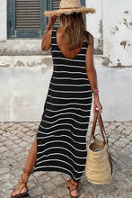 Load image into Gallery viewer, Black Stripe Print Open Back Sleeveless Maxi Dress with Slits
