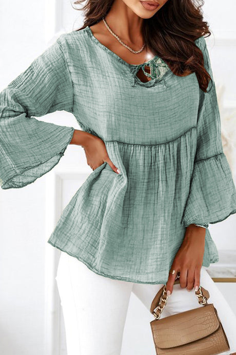 Green Crinkle Lace Up Round Neck Bell Sleeve Blouse | Tops/Blouses & Shirts