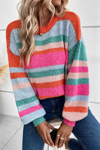 Multicolor Striped Knit Drop Shoulder Puff Sleeve Sweater | Tops/Sweaters & Cardigans