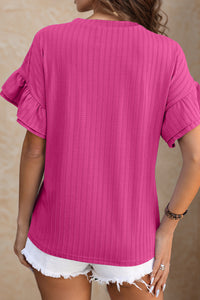 Womens Blouse- PINK Round Neck Flounce Sleeve Blouse