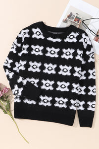 White Printed Retro Flower Pattern Knit Fuzzy Sweater | Tops/Sweaters & Cardigans