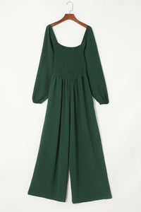 Green Smocked Square Neck Long Sleeve Wide Leg Jumpsuit | Bottoms/Jumpsuits & Rompers