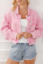 Load image into Gallery viewer, Womens Denim Jacket | Pink Rivet Studded Pocketed Denim Jacket | Outerwear/Denim jackets
