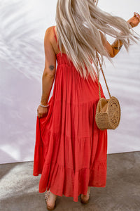 Womens Maxi Dress | Red O-ring Smocked Back Spaghetti Straps Tiered Maxi Dress | Dresses/Maxi Dresses