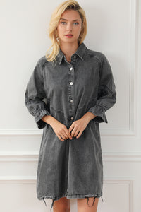 Denim Mini Dress | Gray Buttoned Long Sleeve