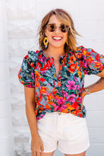 Load image into Gallery viewer, Multicolour Floral Print Ruffle Trim Bubble Sleeve Split Neck Blouse | Tops/Blouses &amp; Shirts
