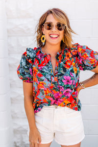 Multicolour Floral Print Ruffle Trim Bubble Sleeve Split Neck Blouse | Tops/Blouses & Shirts