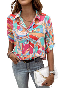 Multicolor Abstract Geometry Print Half Puff Sleeve Loose Shirt | Tops/Blouses & Shirts