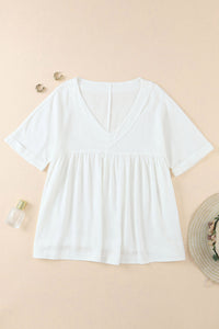 White Frayed V Neck Ruffled Babydoll Blouse | Tops/Blouses & Shirts