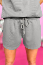 Load image into Gallery viewer, Drawstring Shorts Set | Gray Textured Ruffle Split Top and Shorts
