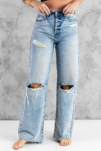 Load image into Gallery viewer, Sky Blue Distressed Hollow-out Knees Wide Leg Jeans | Bottoms/Jeans
