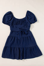 Load image into Gallery viewer, Puff Sleeve Dress | Navy Blue Swiss Dot Crossover Tiered Dress
