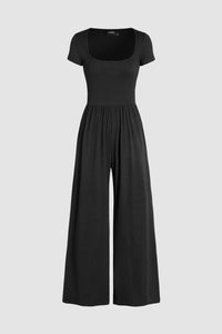 Black Pleated High Waist U Neck Short Sleeve Jumpsuit