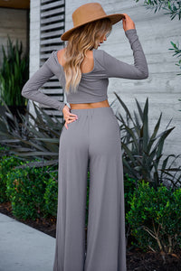 Pants Set | Gray Solid Color Ribbed Crop Top