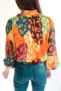 Womens Blouse | Orange Leopard Patchwork Print Pleated Blouse | Tops/Blouses & Shirts