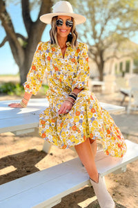 Yellow Boho Floral Collared Long Sleeve Ruffled Dress | Dresses/Floral Dresses