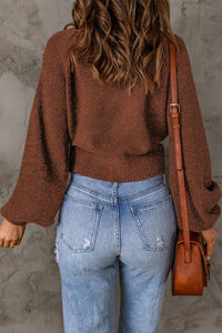 Brown Solid Color Lantern Sleeve Knitted Sweater | Tops/Sweaters & Cardigans