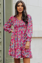 Load image into Gallery viewer, Purple Smocked V Neck Puffy Sleeve Floral Dress | Dresses/Floral Dresses
