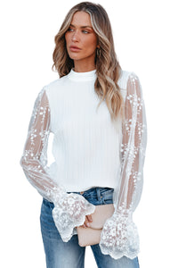 White Lace Sleeve Top | Contrast Lace Mock Neck Blouse