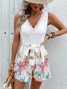 Sleeveless Romper | Lace Printed V-Neck Romper