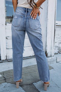 Sky Blue Open Knee Cutout Straight Leg Jeans | Bottoms/Jeans