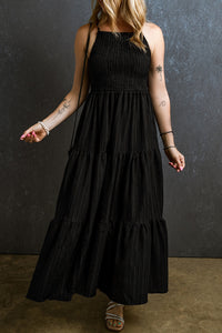 Maxi Dress | Black Spaghetti Straps Smocked Pleated Dress