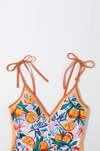 Orange Fruit Plant Print Tied Straps V Neck One Piece Swimsuit | Swimwear/One Piece Swimsuit