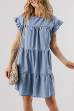 Load image into Gallery viewer, Denim Dress | Blue Ruffle Short Sleeve Tiered A-line Dress
