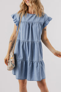 Denim Dress | Blue Ruffle Short Sleeve Tiered A-line Dress